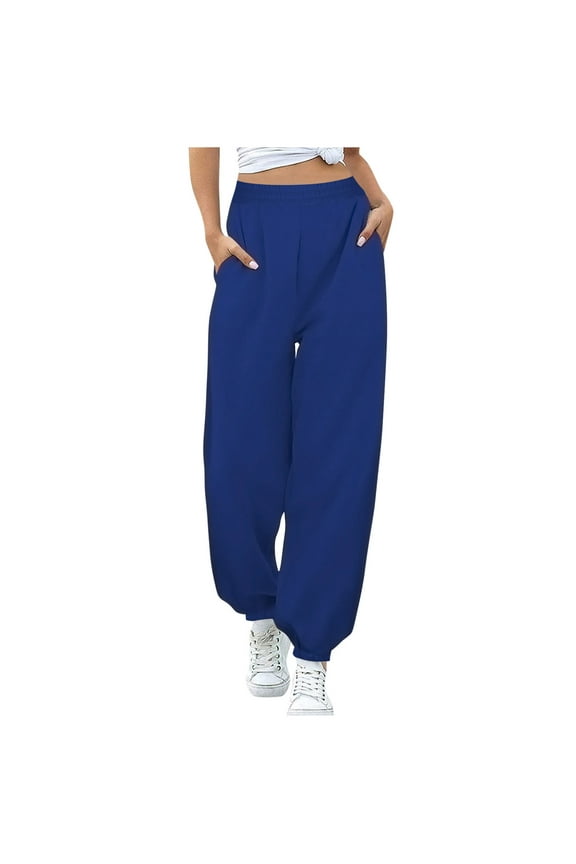 Women's Fleece Sweatpants Fall Winter Joggers Athletic Pants Solid Casual Elastic Waist Trousers Pockets Blue,M