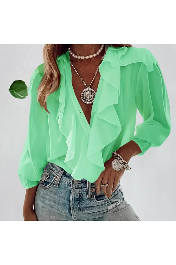 Women's Flowy Front Top Long Sleeve Chiffon Shirt Sheer V Neck Boho Ruffle Beach Blouse