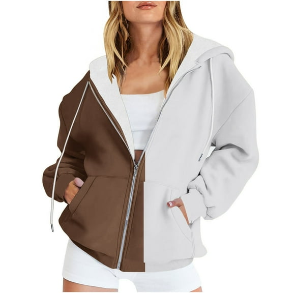 BXINGOHAI Women's Full Zip Up Hoodie Color Block Long Sleeve Hooded Sweatshirts Pockets Jacket Drawstring Casual Coat for Women Brown,L
