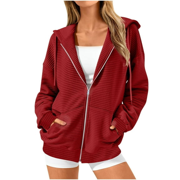 BXINGOHAI Women's Full Zip Up Hoodie Long Sleeve Hooded Sweatshirts Solid Drawstring with Pockets Jacket Coat for Women Today Red,XXL