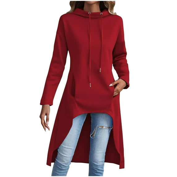 BXINGOHAI Women's Hoodies Oversized Fleece Long Tunic Sweatshirts Casual Long Sleeve 2024 Fall Hoodie Jacket Coat with Pockets Red,M