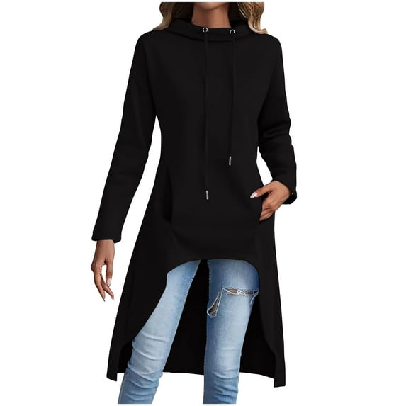 BXINGOHAI Women's Hoodies Oversized Fleece Long Tunic Sweatshirts Casual Long Sleeve 2025 Fall Hoodie Jacket Coat with Pockets Black,L
