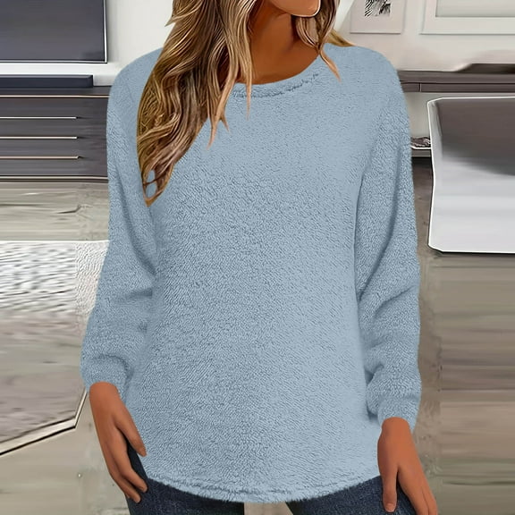 BXINGOHAI Women's Knit Pullover Top Round Neck Long Sleeve Fuzzy Sweaters Casual Loose Fall Winter Light Blue S