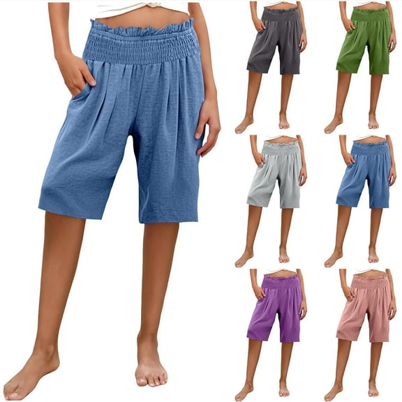 BXINGOHAI Women's Linen Bermuda Shorts Cotton High Waist Wide Leg Summer Drawstring Mid Length Shorts with Pockets Sky Blue L