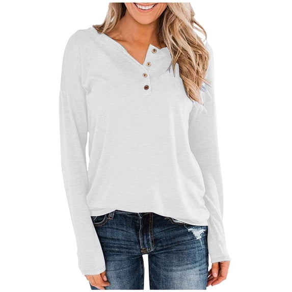 BXINGOHAI Women's Long Sleeve Henley Shirts Fall Casual Work Basic Tops Slim Fitted Button T-Shirts White,XL