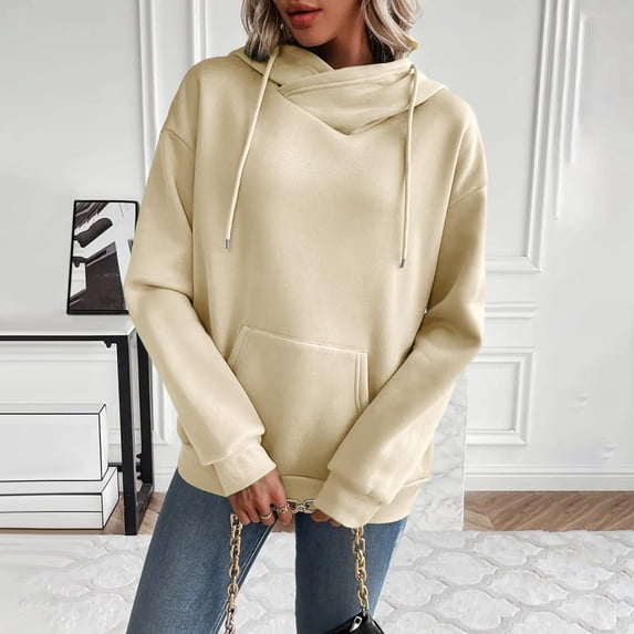 BXINGOHAI Women's Long Sleeve Oversized Pullover Solid Color Hoodie Fall Winter Sweatshirt with Pocket Beige,XL