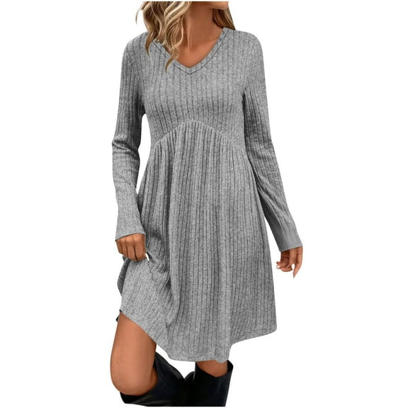 BXINGOHAI Women's Long Sleeve Sweater Tunic Dresses Loose Fitting Knit Crew Neck for Casual Fall Winter Gray XL