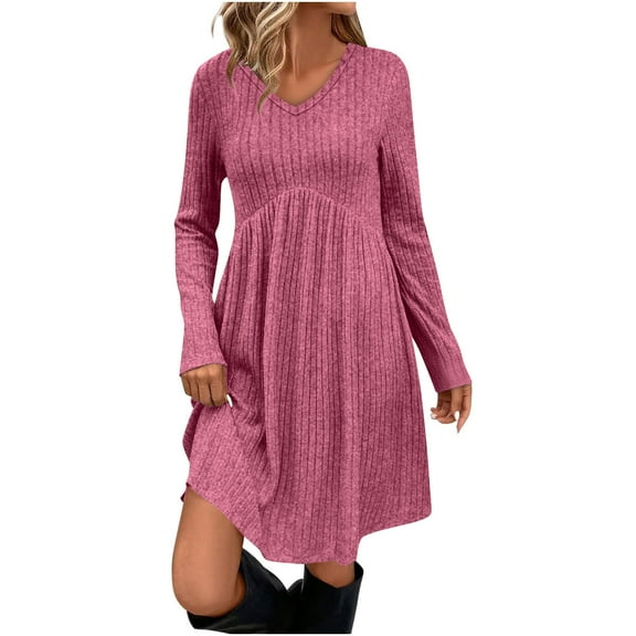 BXINGOHAI Women's Long Sleeve Sweater Tunic Dresses Loose Fitting Knit Crew Neck for Casual Fall Winter Hot Pink XL