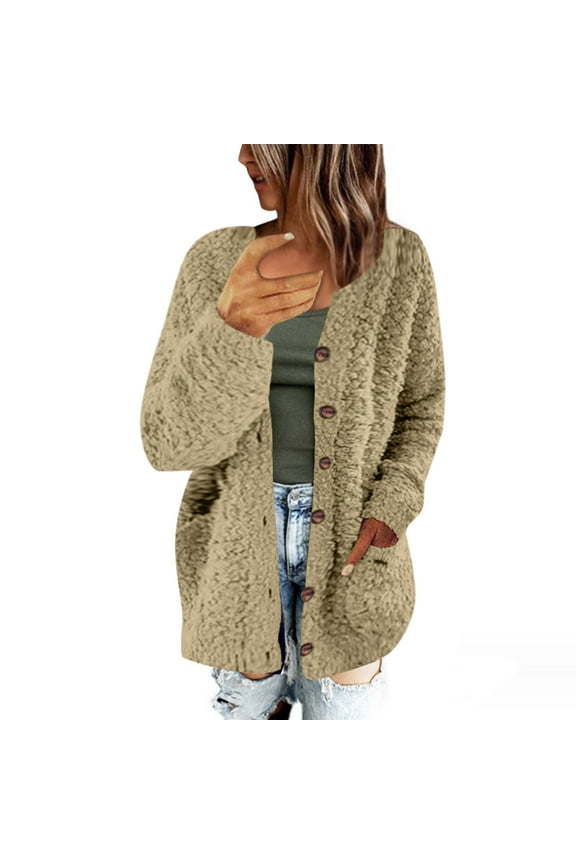 Women's Oversized Knit Cardigan Sweaters Casual Long Sleeve Open Front Button Down Trendy Jackets Outerwear Fall Winter With Pockets Beige,S