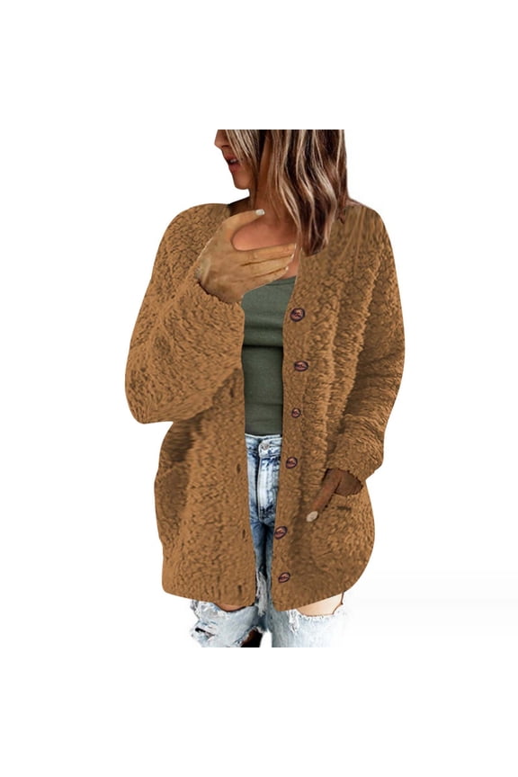 Women's Oversized Knit Cardigan Sweaters Casual Long Sleeve Open Front Button Down Trendy Jackets Outerwear Fall Winter With Pockets Brown,L