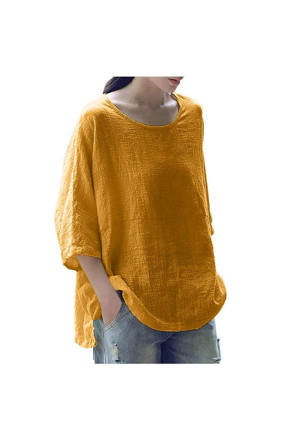 Women's Plus Size 3/4 Sleeve Tees Solid Color Casual Shirt Loose Fit Blouse Comfortable Three Quarter Tunic 2024 Fashion T-Shirt Under $10 Yellow,XXXXL