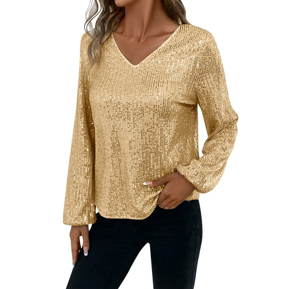 BXINGOHAI Women's Sequin Long Sleeve Layering Top Gold 2XL