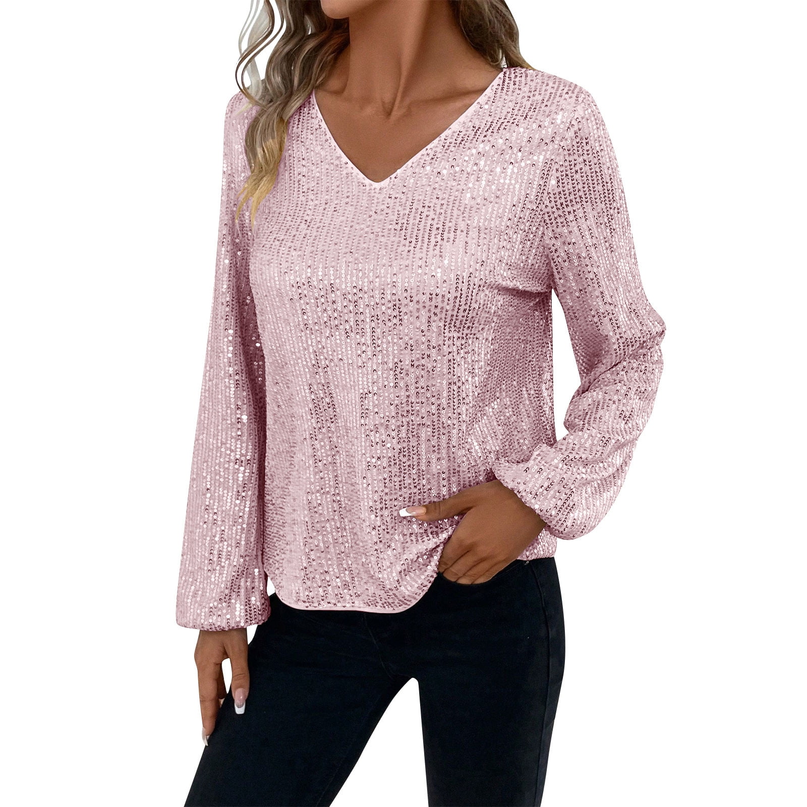 BXINGOHAI Women's Sequin Long Sleeve Layering Top Pink 2XL — free download