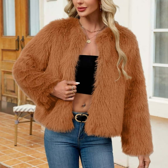 BXINGOHAI Women's Shaggy Faux Fur Outwear Coat Jacket Long Sleeve Warm Winter Yellow S