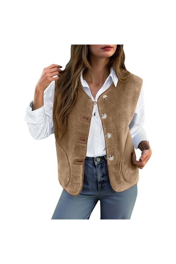 Women's Short Faux Fur Coat Casual Shaggy Jacket with Pockets Warm Winter Zip-Up Fluffy Outwear Brown S