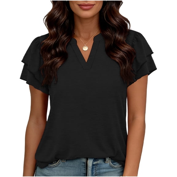 BXINGOHAI Women's Short Sleeve Shirts V Neck Dressy Casual Blouses Summer Loose Fitting Henley Tops Black XL