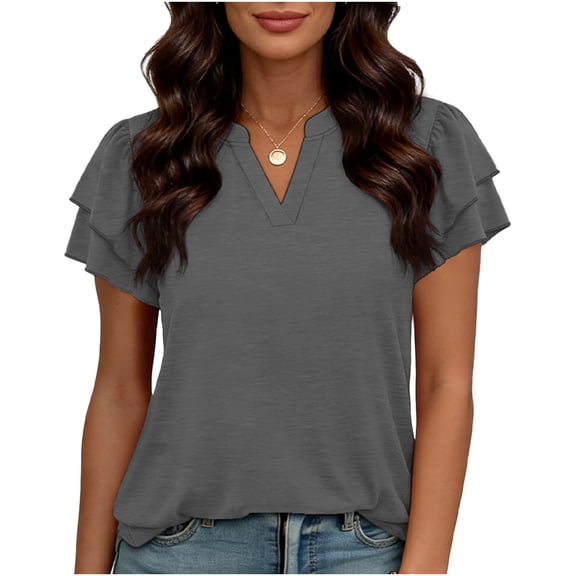 BXINGOHAI Women's Short Sleeve Shirts V Neck Dressy Casual Blouses Summer Loose Fitting Henley Tops Gray 2XL