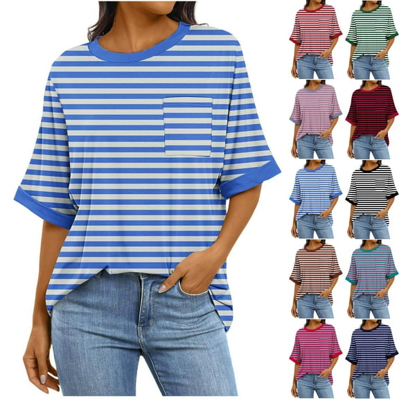 BXINGOHAI Women's Short Sleeve Tops Trendy Crewneck Striped T Shirts Casual Summer Blouses Black,XL