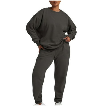 BXINGOHAI Women's Solid 2 Piece Sweatsuit Thin Fleece Tracksuit Long Sleeved Crewneck Sweatshirt and Drawstring Sweatpants Lounge Jogger Sets With Pockets Clearance Sale Gray,XXL
