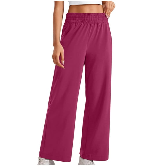 BXINGOHAI Women's Solid Pants Casual Wide Leg Pants Loose Elastic Waist Long Pants Outdoor Loungewear Pants With Pockets Today Hot Pink,M