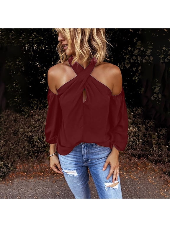 Women's Spaghetti Halter Off The Shoulder Blouse Long Sleeve Shirt Tops Wine,S
