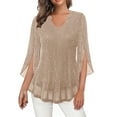 thumbnail image 1 of BXINGOHAI Women's Sparkly Sequin Tops 3/4 Sleeve Glitter Dressy Blouses V-Neck Party Tops Beige 3XL, 1 of 7