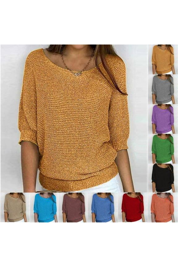 Women's Spring Casual 3/4 Sleeve Solid Color V Neck Loose Pullover Knit Fall Tops for Party 2XL