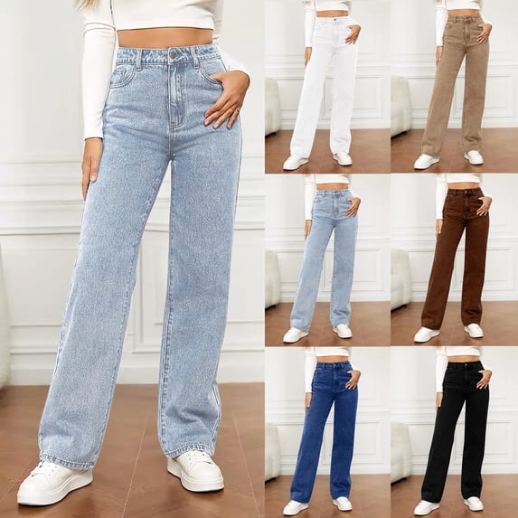 BXINGOHAI Women's Straight Leg Jeans Tummy Control Trendy High Waisted Stretchy Casual Denim Pants Baggy Trousers Dark Blue M