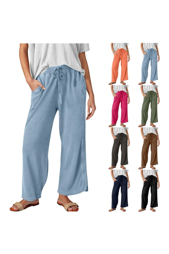 Women's Straight Leg Long Pants Elastic High Waist Drawstring Casual Trousers with Pockets Navy,M