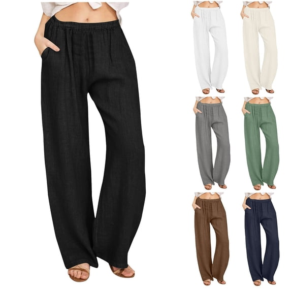 BXINGOHAI Women's Summer Drawstring Waist Wide Leg Loose Cotton Linen Palazzo Pants Khaki S