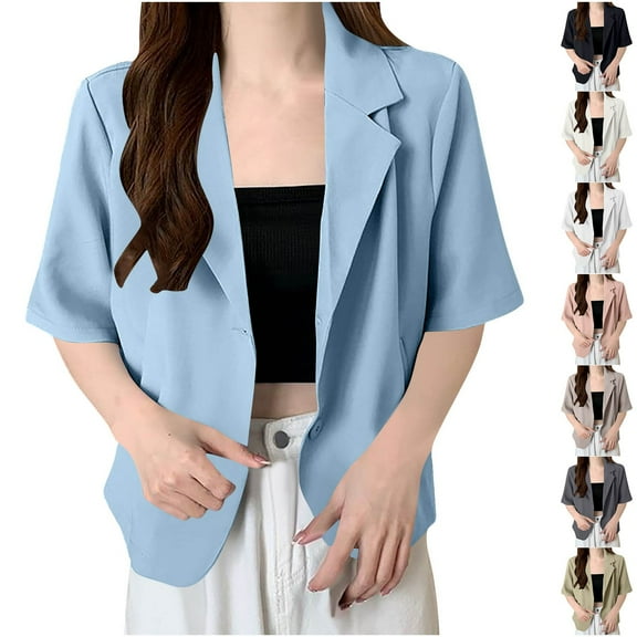 BXINGOHAI Women's Summer Linen Blazer 3/4 Sleeve Lightweight Slim Elegant Casual Work Jacket with Pockets Gray,XL