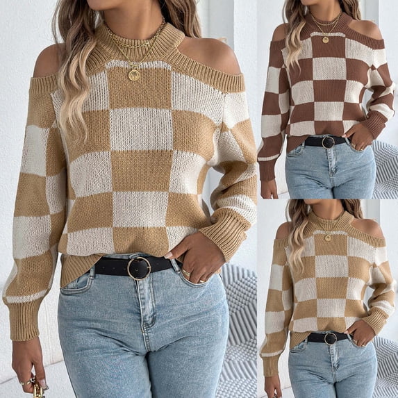 BXINGOHAI Women's Sweater Plaid Long Sleeve Fall Knit Sweater Pullover Tops Coffee,M