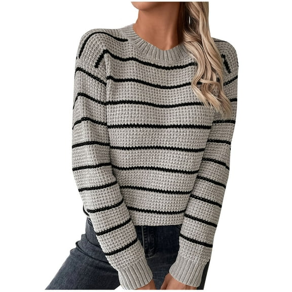 BXINGOHAI Women's Sweaters Casual Long Sleeve Ribbed Knit Pullover Striped Crewneck Jumper Tops Outdoor Fashion Sweater Today Gray,XL