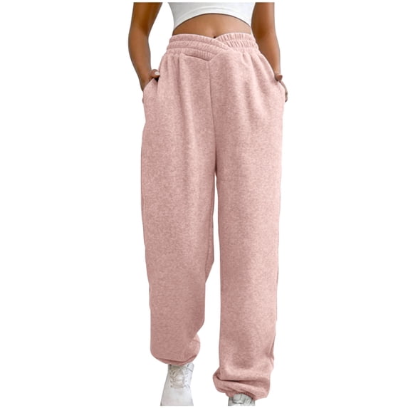 BXINGOHAI Women's Sweatpants Solid V Crossover Jogger Pants Elastic High Waisted Loose Long Pants With Pockets Pink,XL