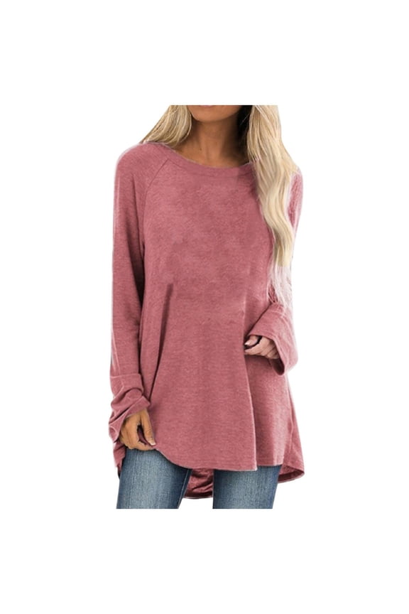 Women's Swing Tunic Tops Solid Long Sleeve Shirts Casual Crewneck T-Shirt Loose Fit Blouse Daily Tees Under $10 Pink,S