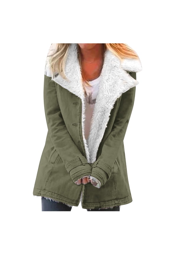 Women's Thicken Fleece Coat Fashion Long Sleeve Outerwear Button Down Solid Blouse Coats Fall Winter Tops Today Khaki,XXL