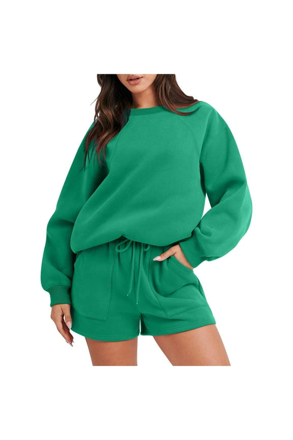 Women's Thin Fleece 2 Piece Sets Fall Winter Sweatsuits Solid Crewneck Pullover Blouse Drawstring Shorts With Pockets Today Green,L