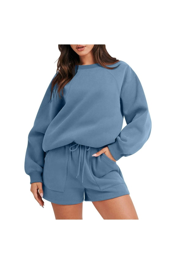 Women's Thin Fleece 2 Piece Sets Fall Winter Sweatsuits Solid Crewneck Pullover Blouse Drawstring Shorts With Pockets Today Sales Navy,XL