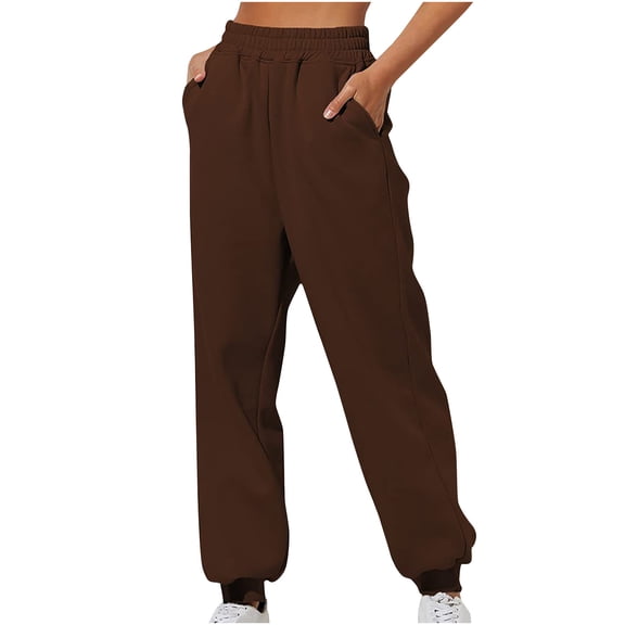 BXINGOHAI Women's Thin Fleece Sweatpants Fall Winter Jogging Pants Solid Elastic Waist Pants 2024 Outdoor Active Workout Long Pants With Pockets Today Brown,L