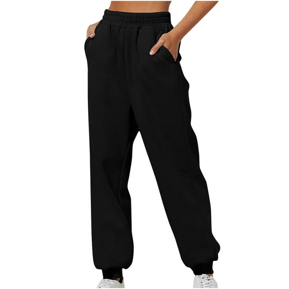 BXINGOHAI Women's Thin Fleece Sweatpants Fall Winter Jogging Pants Solid Elastic Waist Pants 2025 Outdoor Active Workout Long Pants With Pockets Black,L