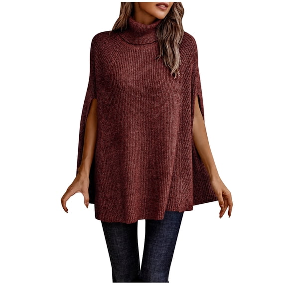 BXINGOHAI Women's Turtleneck Poncho Sweater 2024 Fall Winter Shirts Fashion Chunky Knit Cape Wrap Sweaters Outdoor Casual Pullover Jumper Tops Today Wine,M