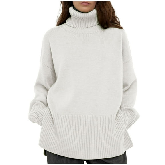 BXINGOHAI Women's Turtleneck Sweater Chunky Knitted Pullover Tops Solid Long Sleeve Shirts 2024 Fall Winter Jumper Top Today White,S