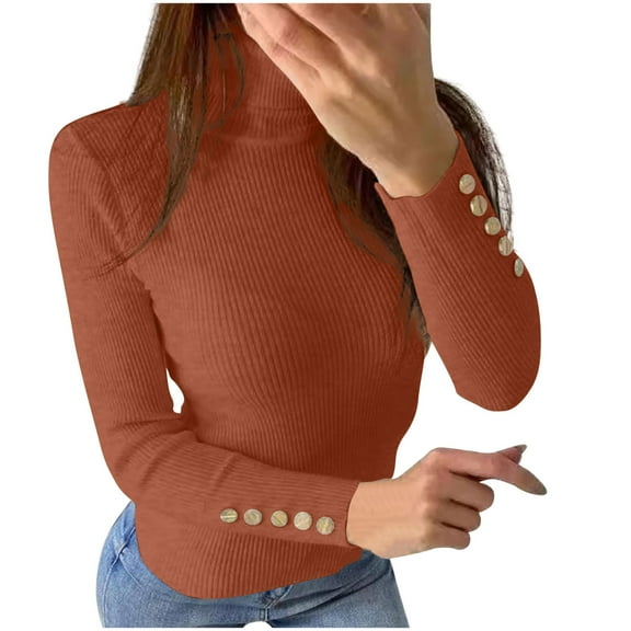 BXINGOHAI Women's Turtleneck Sweaters Solid Long Sleeve Shirts Slim Fit Button Pullover Sweaters Fall Winter Trendy Tops Coffee,S
