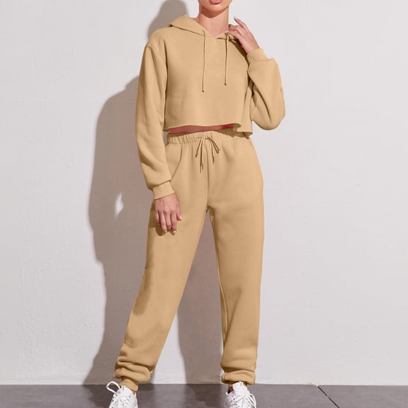 BXINGOHAI Women's Two Piece Outfits Sweatsuit Thin Fleece Long Sleeve Zip Up Hoodies Cropped Sweatshirts Sweatpants Jogger Set Khaki,M