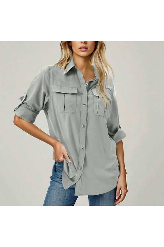 Women's UPF 50 Long Sleeve UV Sun Protection Safari Shirts Outdoor Quick Dry Fishing Hiking Travel Shirts Silver,XL