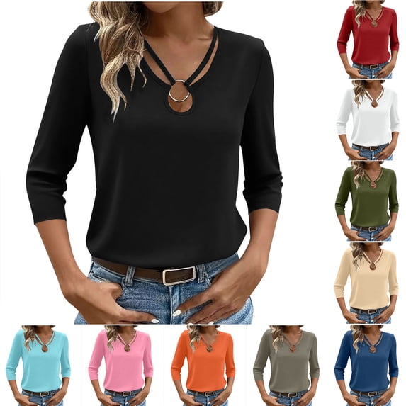 BXINGOHAI Women's V Neck 3/4 Sleeve Tops Casual Shirts Basic Summer Tees Pink,L