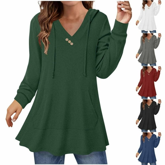 BXINGOHAI Women's V Neck Hoodies Long Sleeve Sweatshirt Drawstring Pullover Tops with Pocket Army Green,S