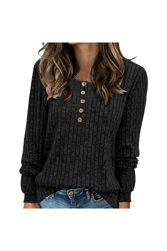 Women's V Neck Sweaters Solid Color Long Sleeve Pullover Tops Button Knit Sweater 2024 Fashion Daily Tops Black,XL