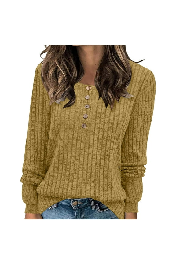 Women's V Neck Sweaters Solid Color Long Sleeve Pullover Tops Button Knit Sweater 2024 Fashion Daily Tops Clearance Sale Yellow,XXL