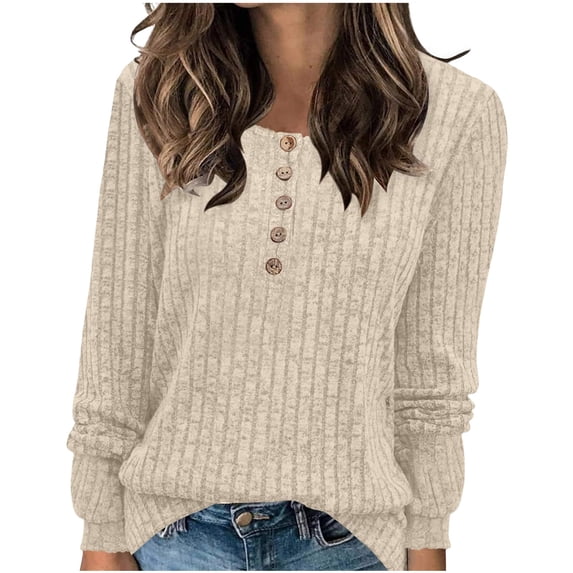 BXINGOHAI Women's V Neck Sweaters Solid Color Long Sleeve Pullover Tops Button Knit Sweater 2024 Fashion Daily Tops Beige,S